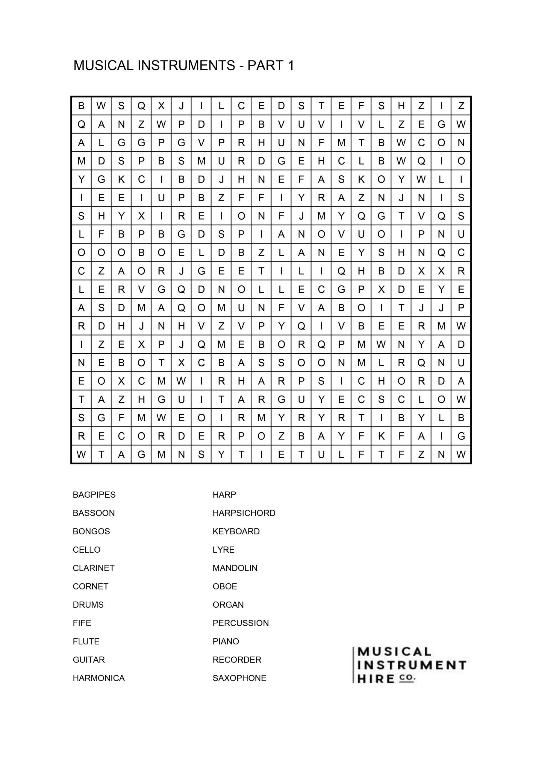Musical Instruments Word Search Part 1