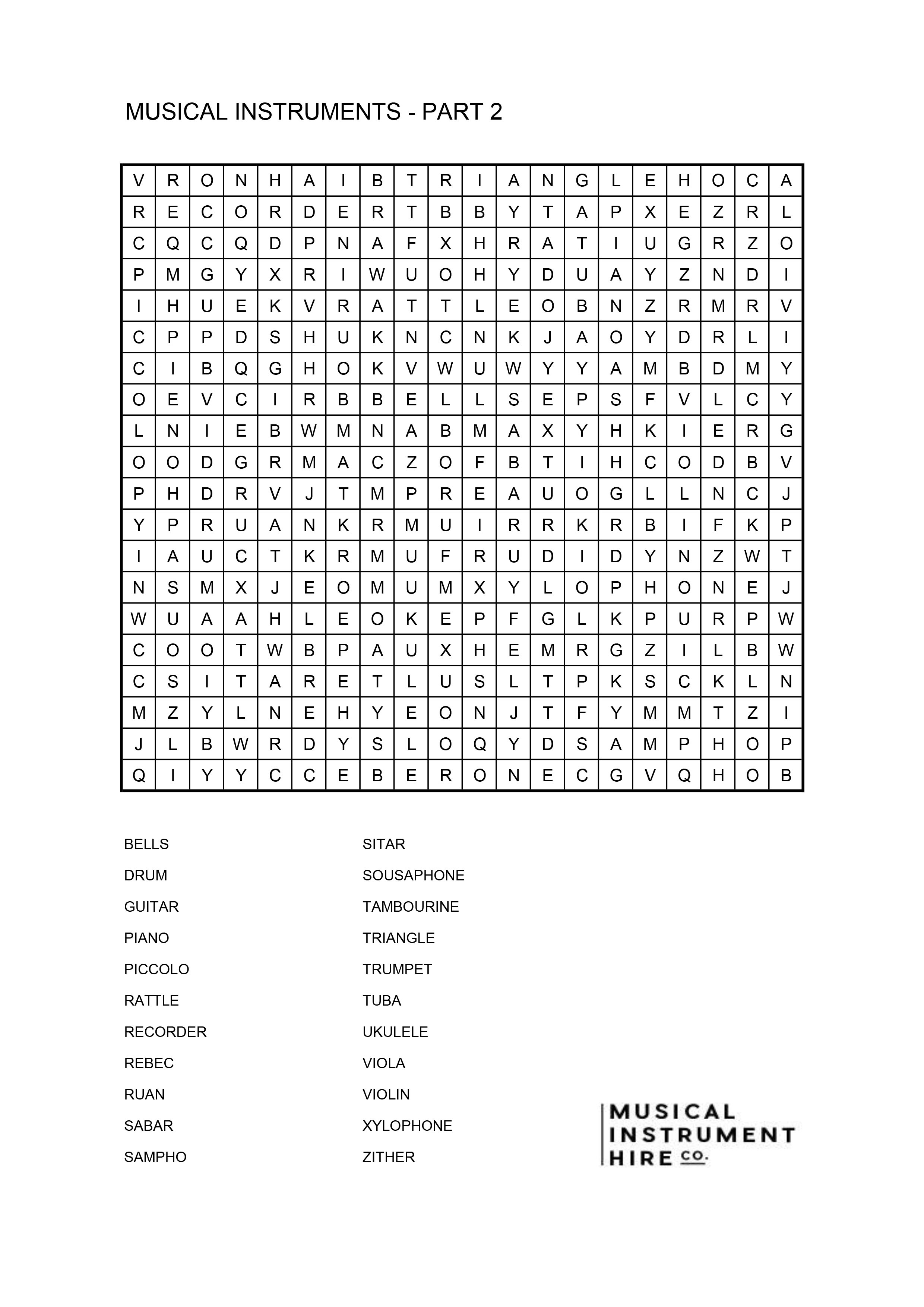 Musical Instruments Word Search part 2
